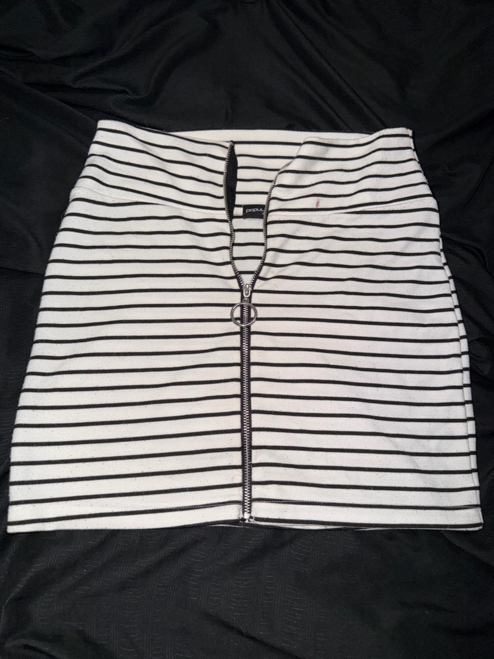 Popular Basics Black and White Striped Zip-Front Mini Skirt